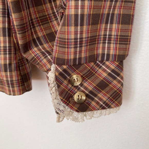 Vintage 70s Womens Shirt Top Plaid Lace Trim Button Up MJ Concepts in Sportwear - Picture 7 of 11